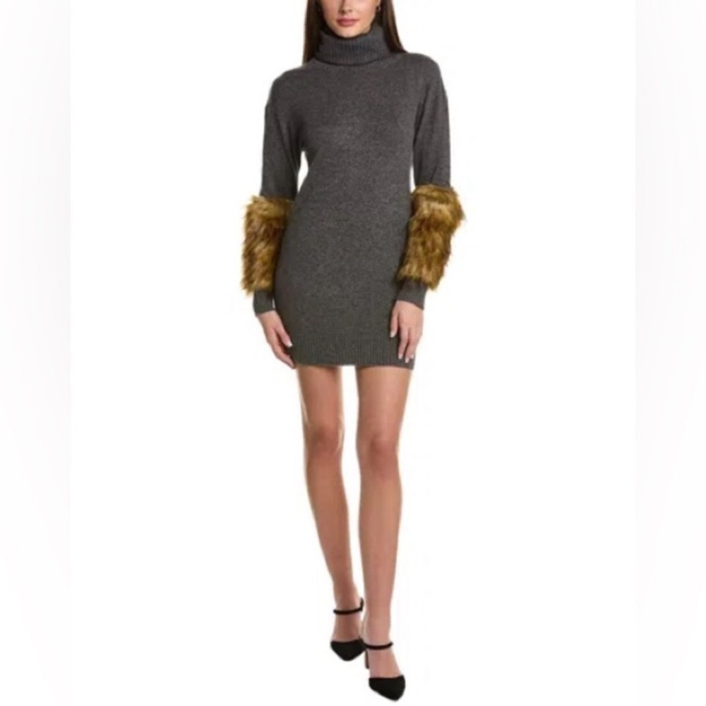 NAADAM Cashmere Turtleneck Faux Fur Grey Sweater Dress